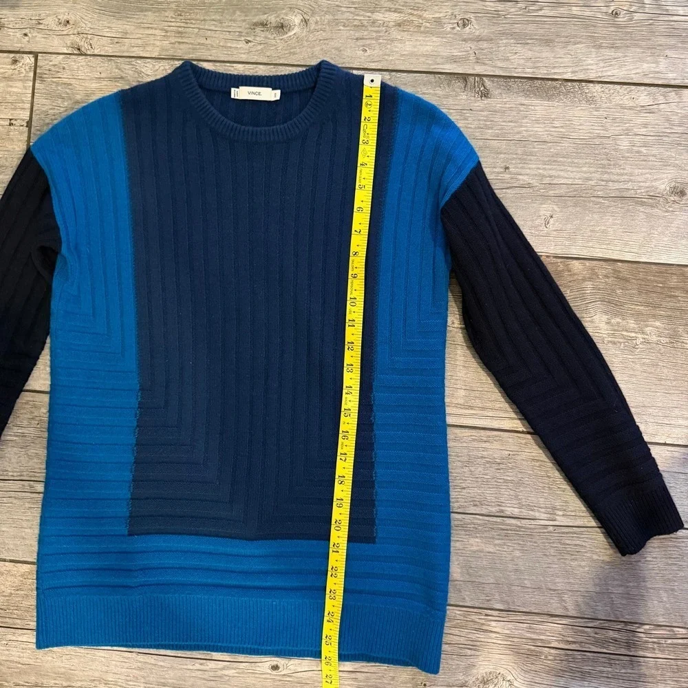 Vince Color Block Ribbed Knit Sweater Blue Navy Teal Long Sleeve XXS